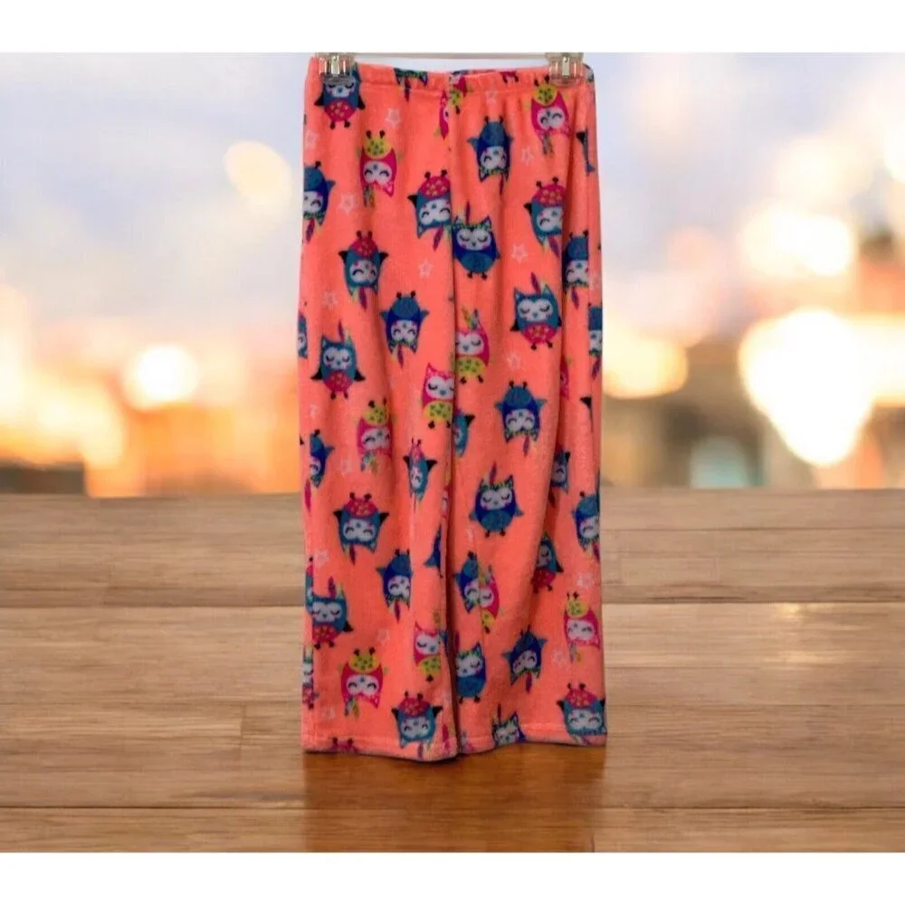 Girls Owl Fleece Pajamas Pants Size L/G 10-12 Waistband Flame Resistant Orange